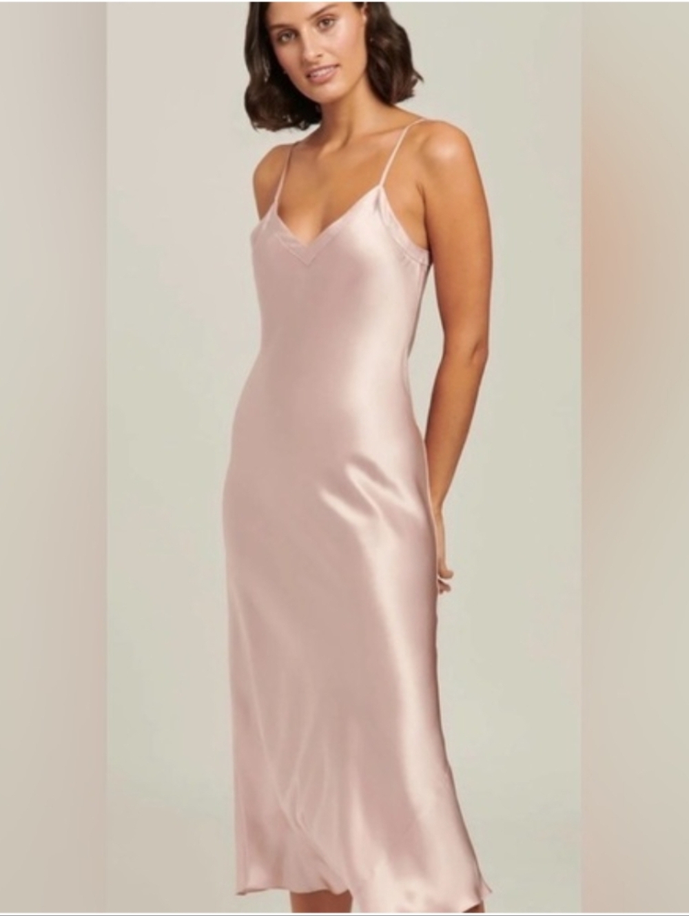 Ginia Silk V-Neck Long Slip in Bridal Rose